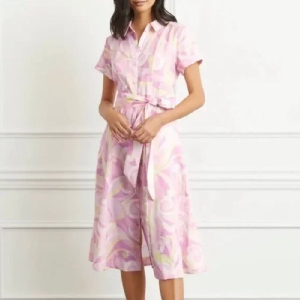 Hill House The Lily Pink Candy Kaleidoscope Linen Midi Shirt Dress Small